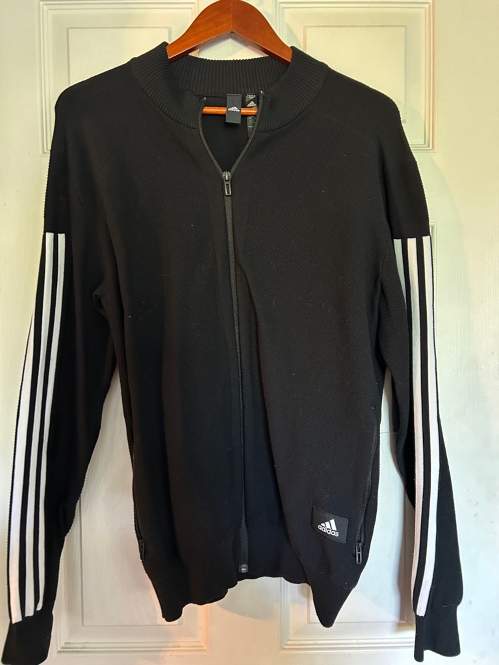adidas Black Zip-Up Sweater with White Sleeve Stripes